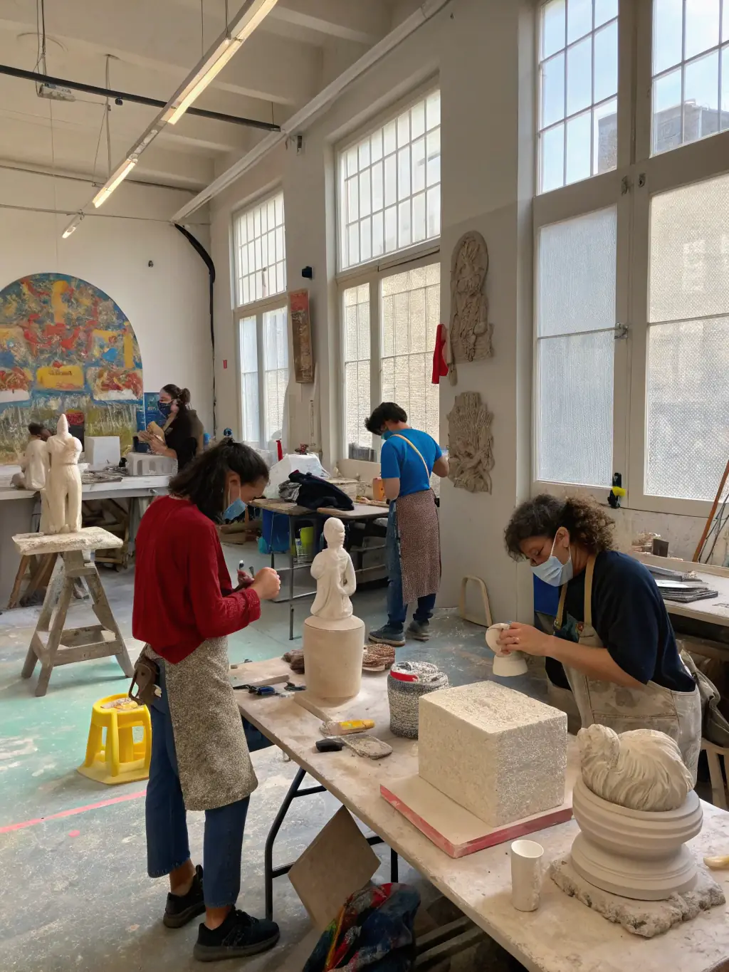 A photograph capturing a sculpture workshop, where participants are molding and carving different materials, such as clay and wood, to create three-dimensional art pieces, showcasing their individual artistic visions.