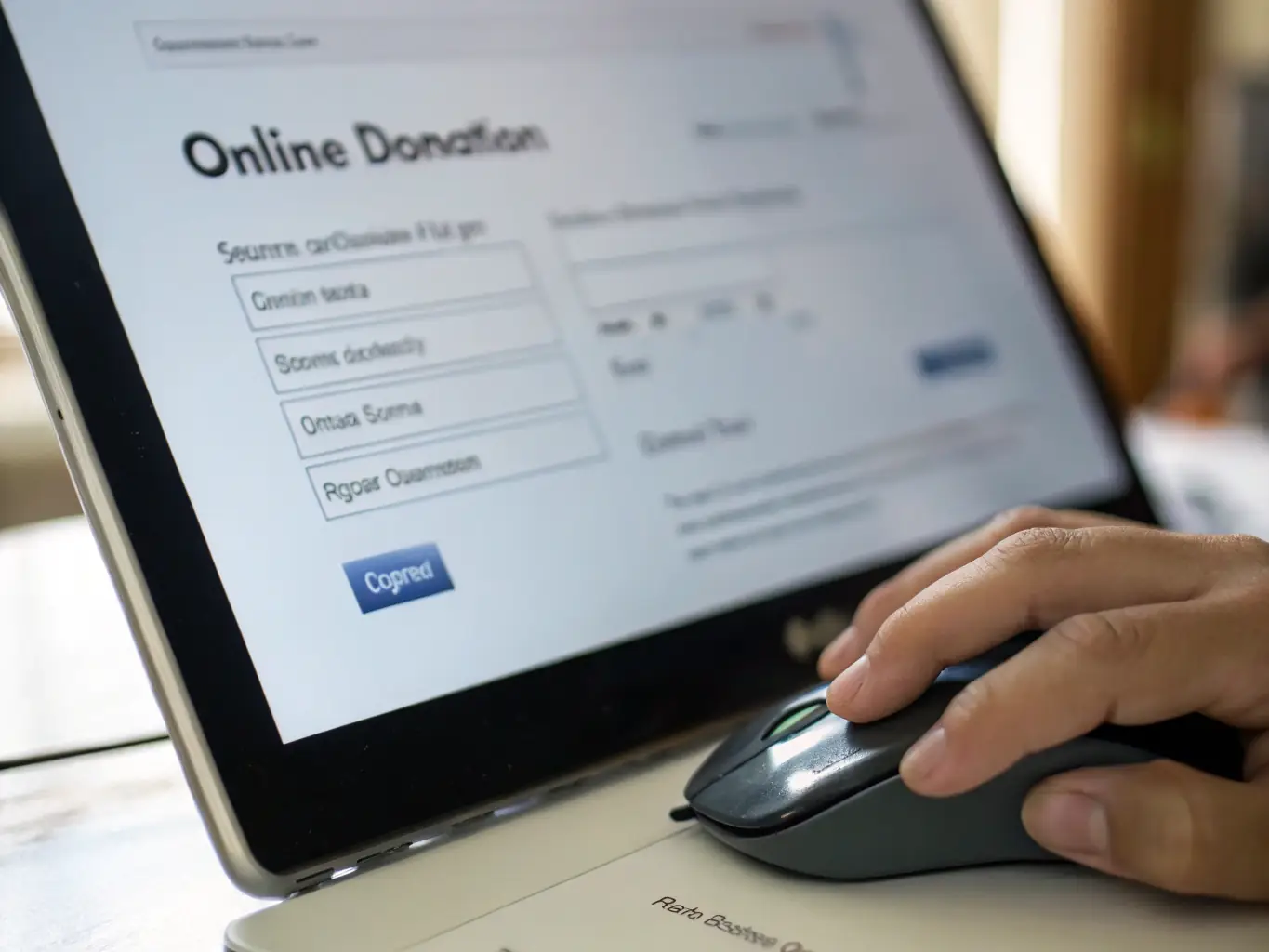 A person making an online donation to LINE ET LILI via a secure platform, emphasizing the ease and impact of financial contributions.