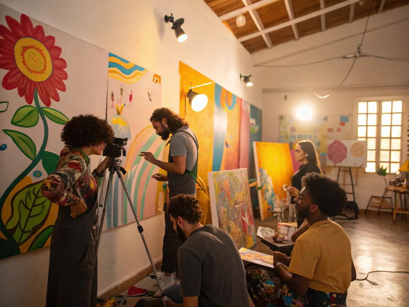 A vibrant image of diverse community members engaged in a hands-on art workshop, showcasing colorful artworks and collaborative spirit.