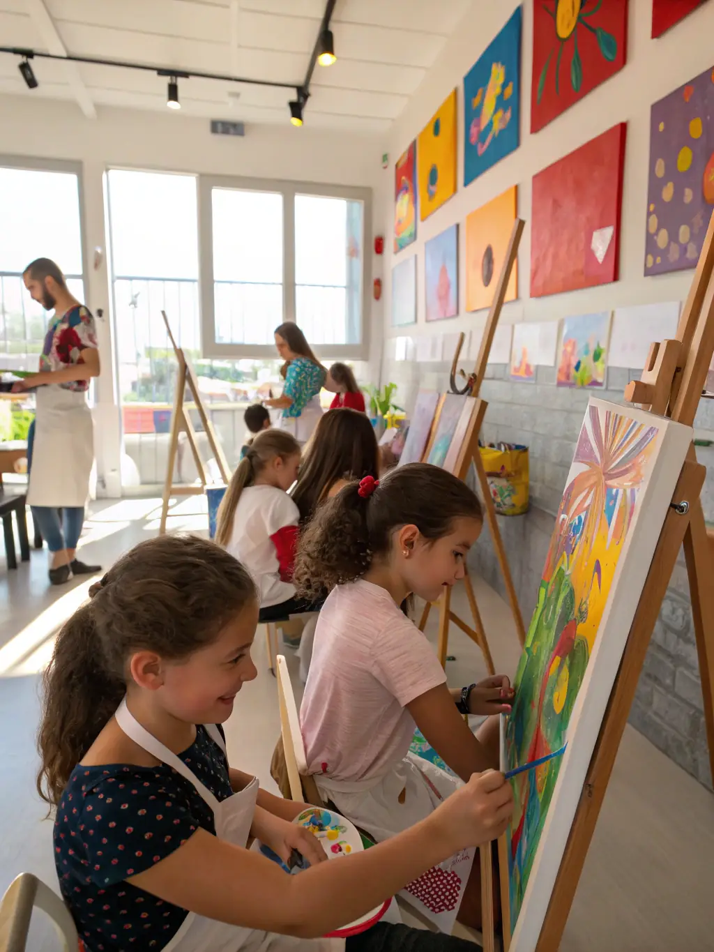 A dynamic image of a painting class in progress, with participants of different ages and backgrounds creating colorful artworks on canvases, guided by an instructor in a relaxed and supportive environment.
