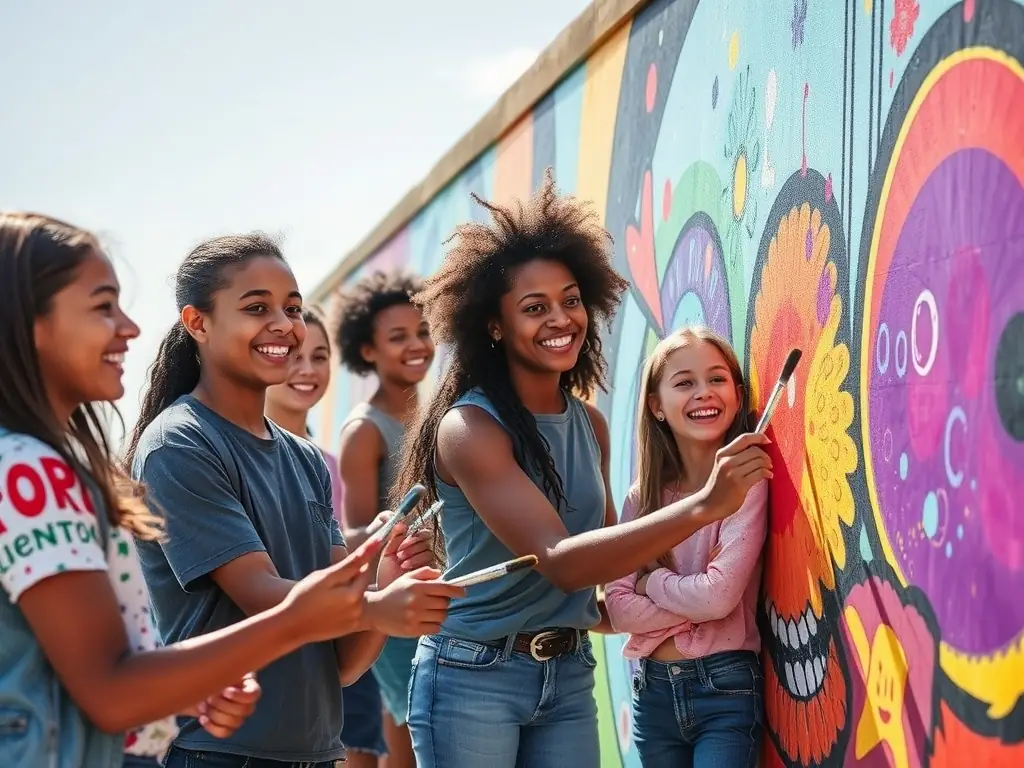 A photograph showcasing participants of all ages working together on a community mural project, highlighting collaboration and artistic expression.