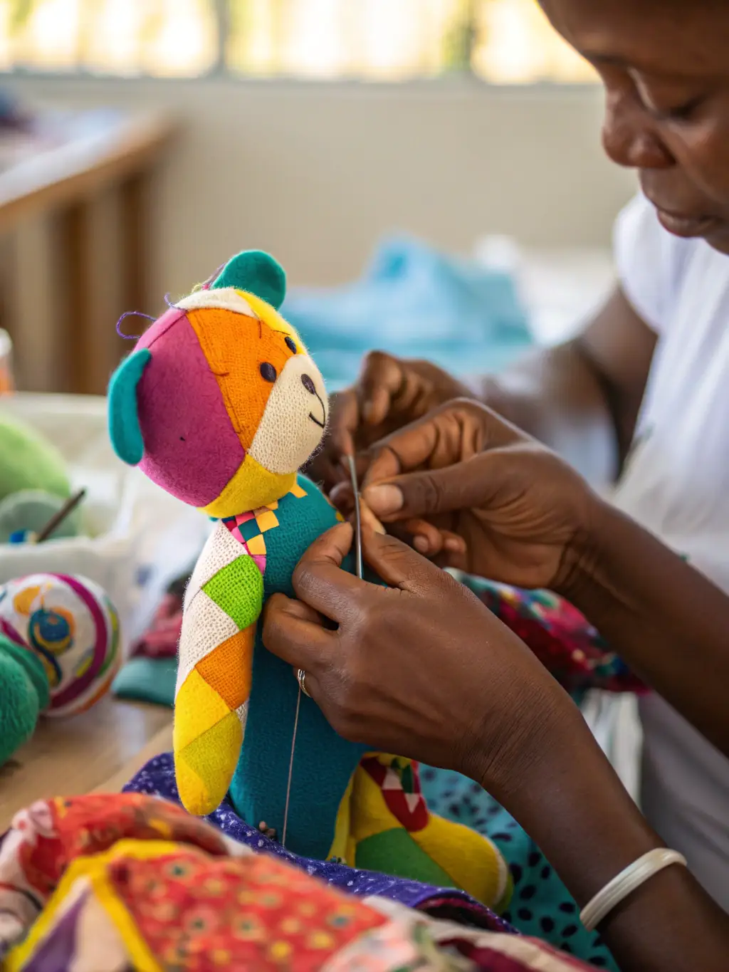 A vibrant scene from a textile arts workshop, showing participants working on colorful fabrics, using sewing machines and hand-stitching techniques, with finished textile pieces hanging as examples.