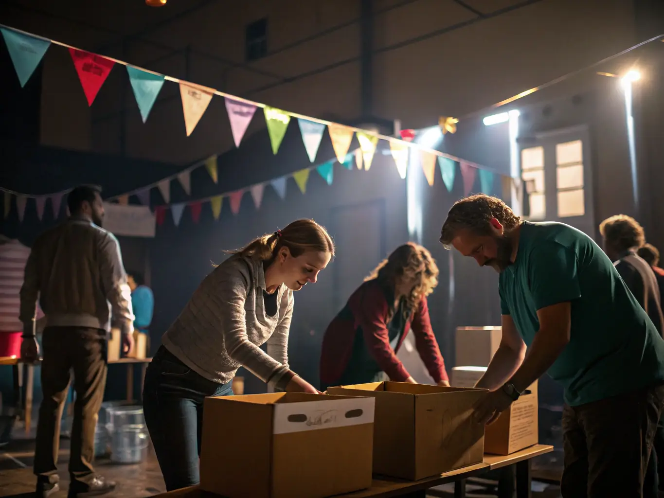 A group of volunteers assisting with setting up an art workshop, showcasing teamwork and dedication to LINE ET LILI's mission.